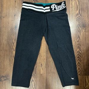 VS Pink cropped leggings. Dark grey with teal inside waistband.